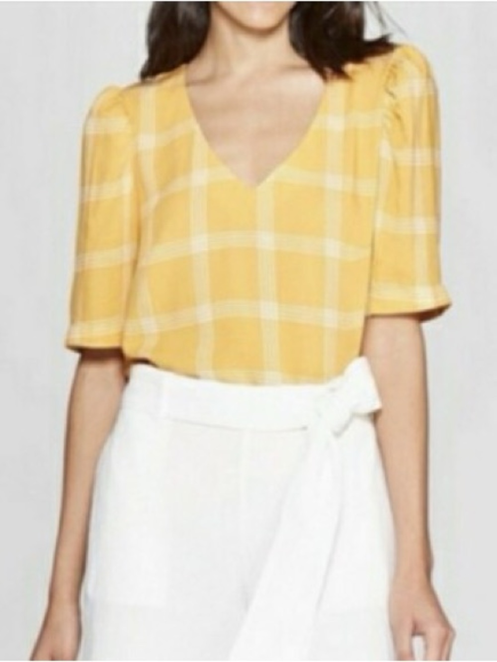 a new day Yellow Plaid V-Neck Puff Sleeve Blouse